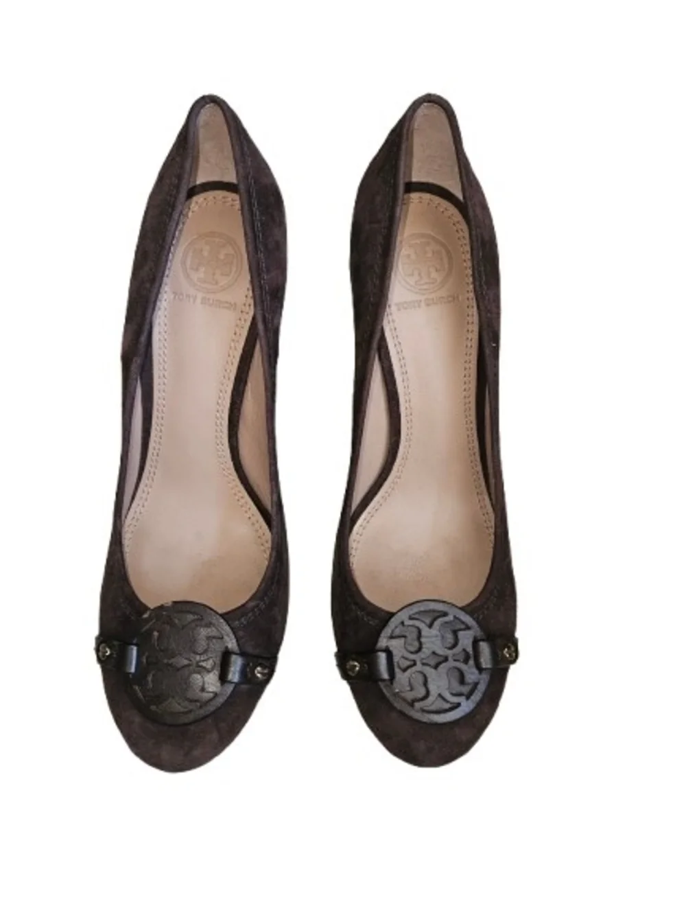 Tory Burch Mini Miller Brown Suede Block Heel Pumps Logo Medallion Size 7.5